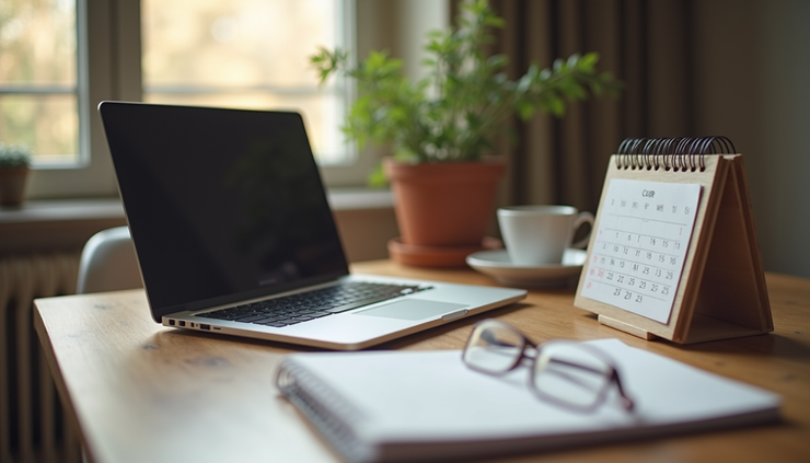 Eye-level view of a cozy workspace with a laptop and booking calendar