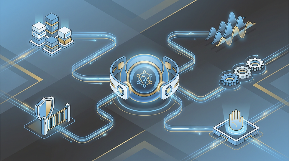 AI twin systems architecture connecting a knowledge core, source library, voice rules, workflows, boundaries, and human approval.