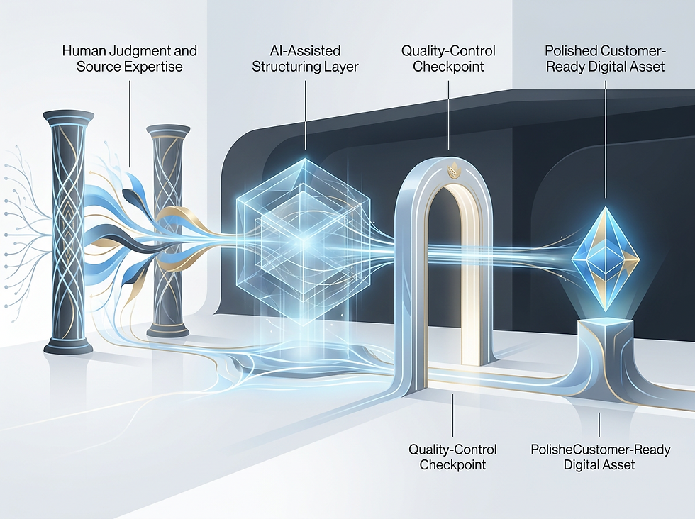 Human expertise moving through AI-assisted structuring and quality control into a finished digital product.