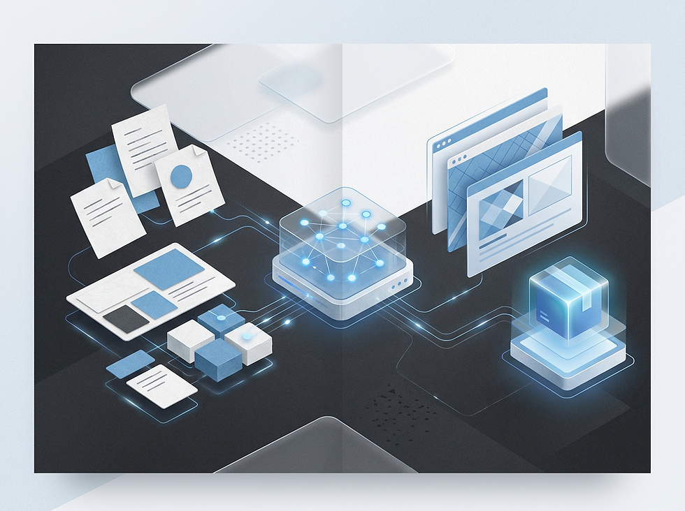 AI-assisted digital product workflow moving from structured draft to polished designed deliverable.