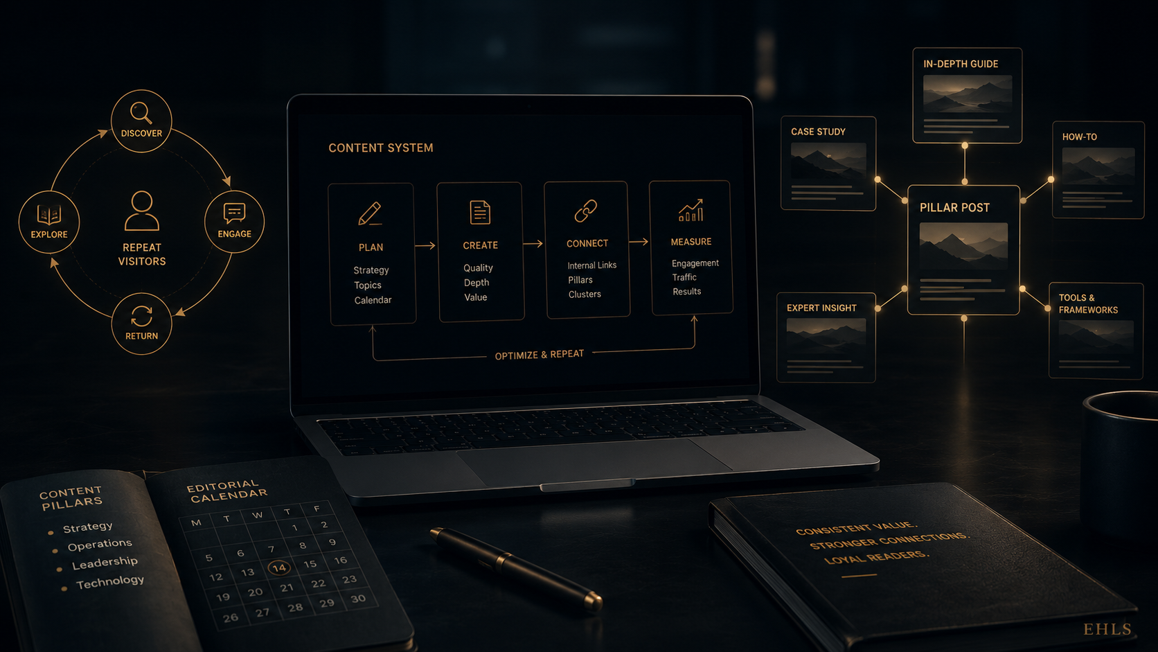 Editorial content system connecting planning, creation, internal links, measurement, and returning visitors.
