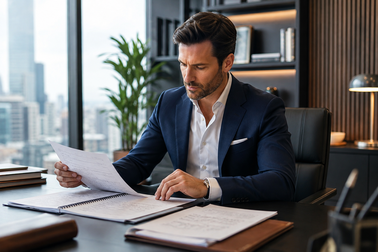 Well-dressed executive reviewing client questions for a digital product strategy