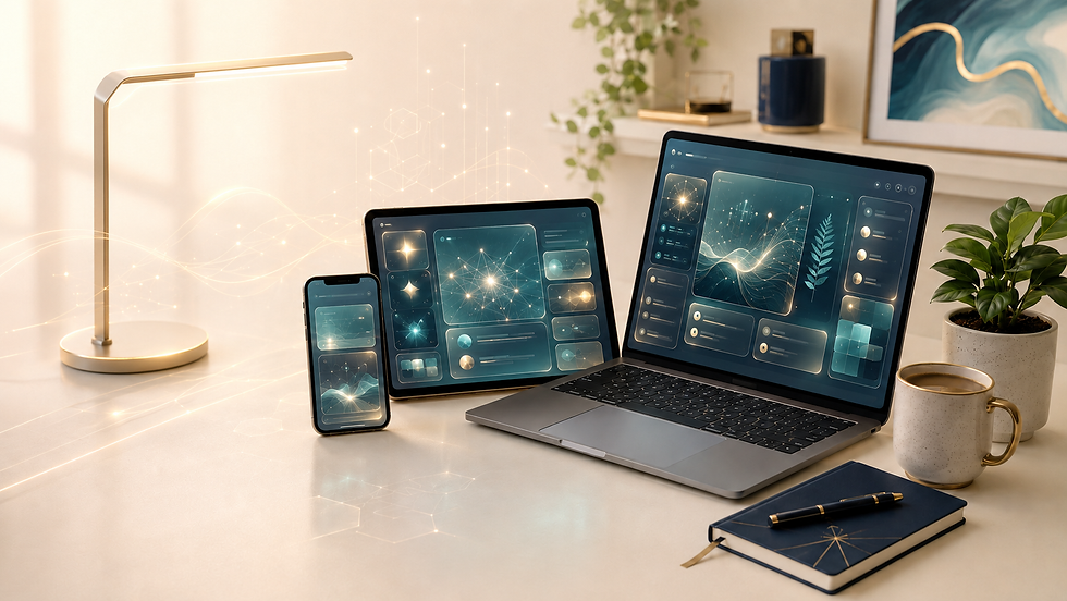 Futuristic AI twin creator workspace with laptop, tablet, and phone