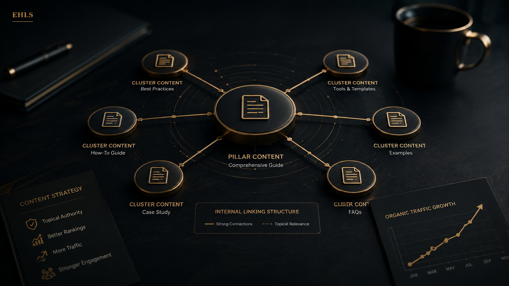 Topic cluster strategy diagram linking pillar content to supporting articles and organic traffic growth.