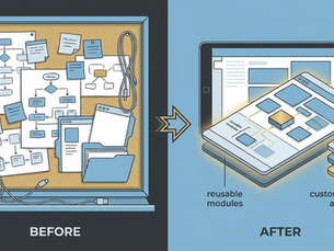 An informal professional process standardized into a clean digital product system with reusable modules.