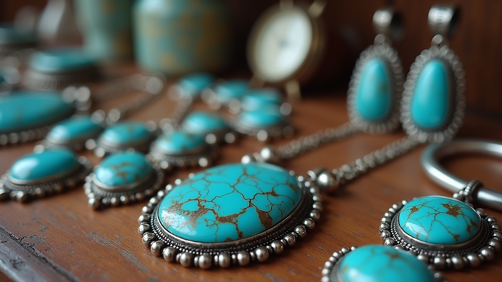 Eye-level view of handcrafted turquoise and silver Native American jewelry on display