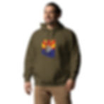 Front view of a man wearing a field green hoodie with the Arizona17 rising sun logo