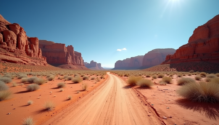 Eye-level view of a desert trail winding through red rock formations under a clear blue sky