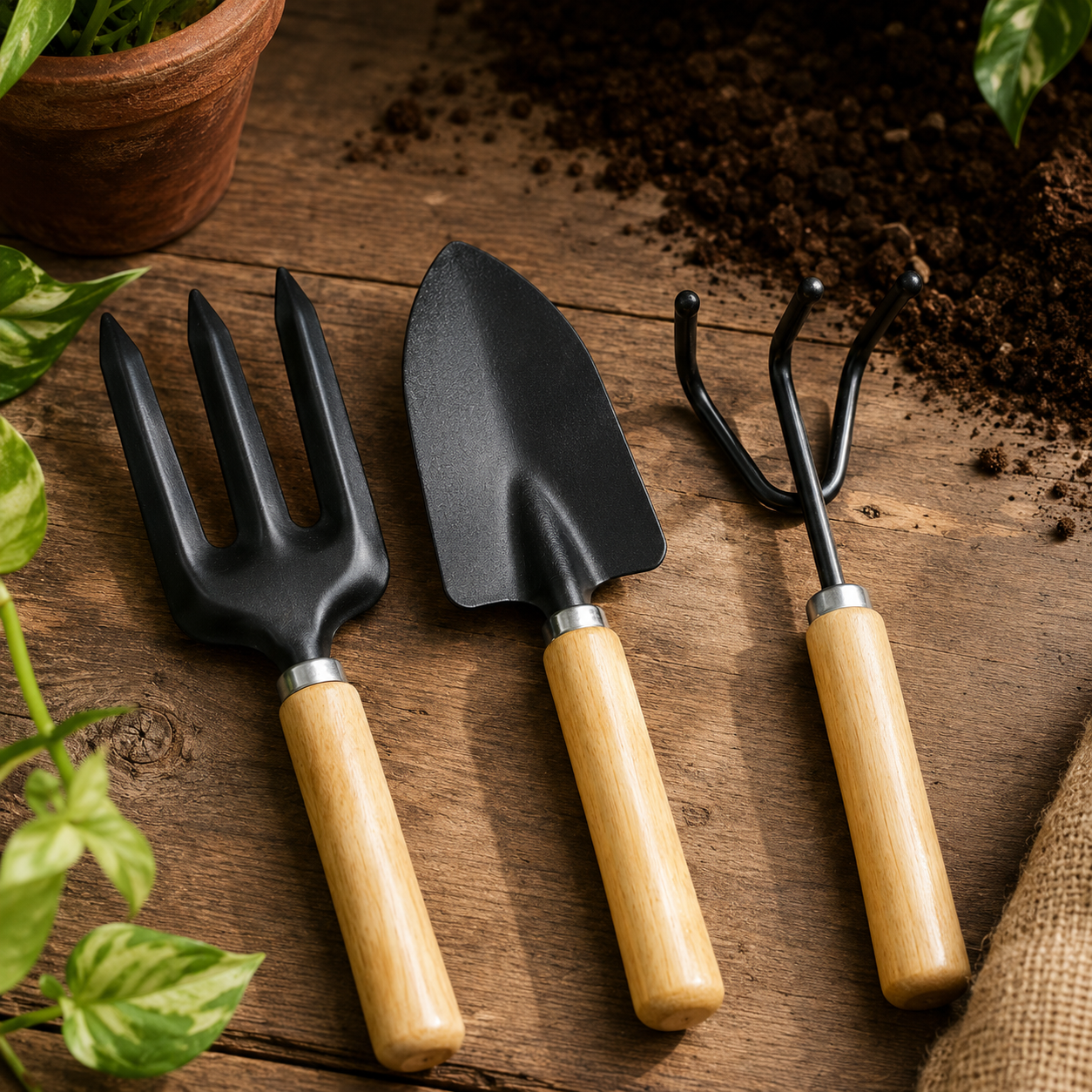 3-piece hand gardening tool set including iron trowel, fork, and cultivator on a wooden table.