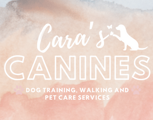 Cara’s Canines logo for professional dog training, walking and pet care services in Essex, displayed on a soft pink and cream watercolour background.