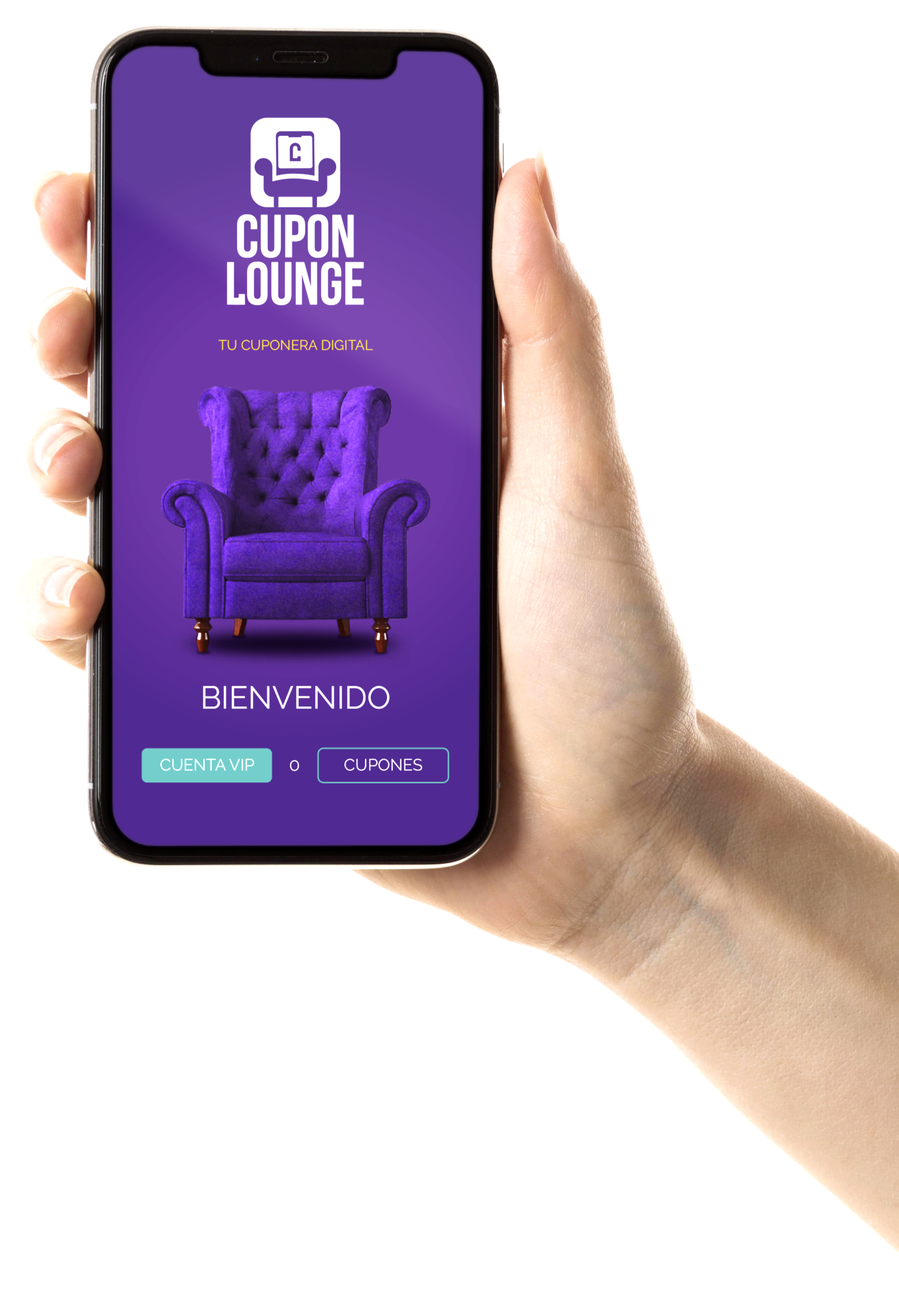 App Cupon Lounge en la mano