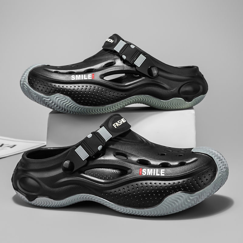 Black Men's Beach Clogs with 'SMILE' text and gray soles