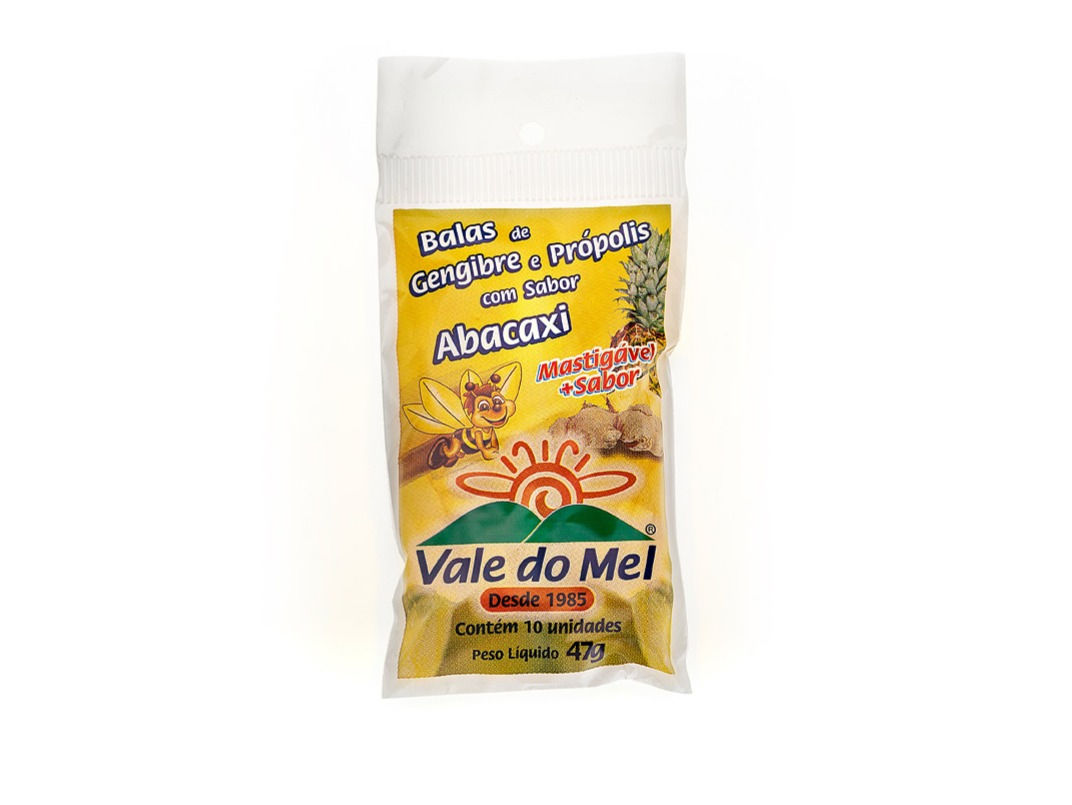 Pacote 47g - Balas de gengibre e própolis com sabor de abacaxi