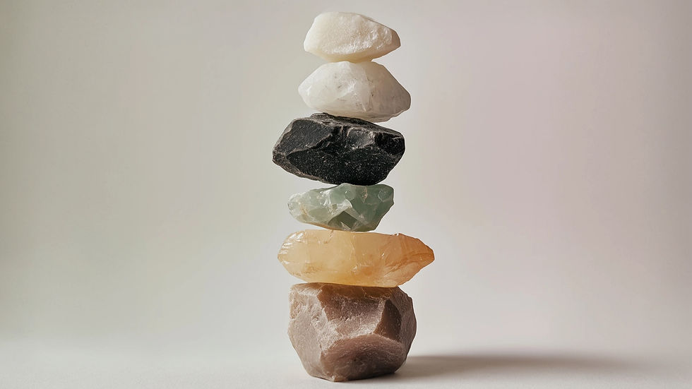 Balanced stack of colorful stones on a plain background, symbolising stability, healing, and emotional balance after narcissistic abuse.