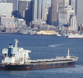 Cargo ship near city skyline