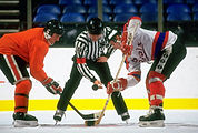 Hockey referee explaining a call to players