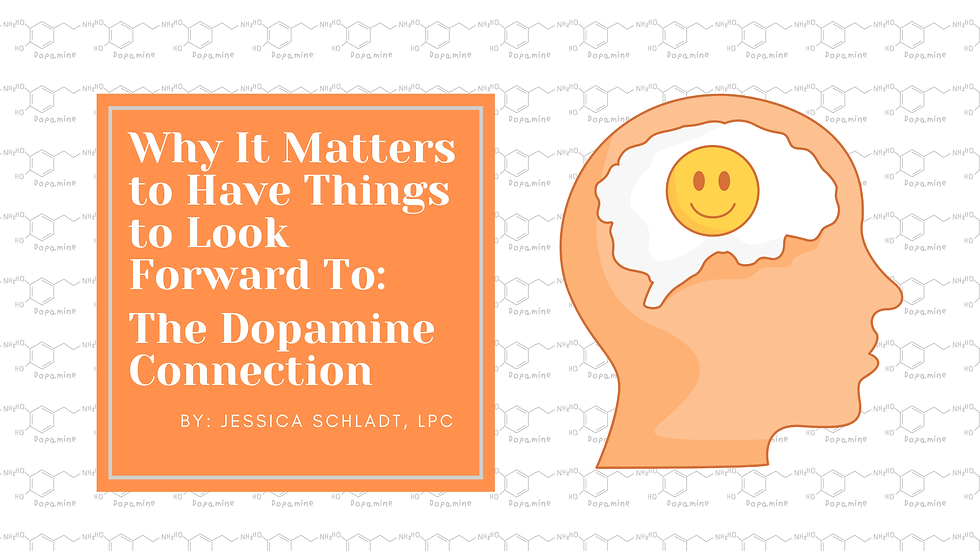 Orange text box reads, "Why It Matters to Have Things to Look Forward To: The Dopamine Connection" with smiling egg in head outline. Dopamine text pattern.