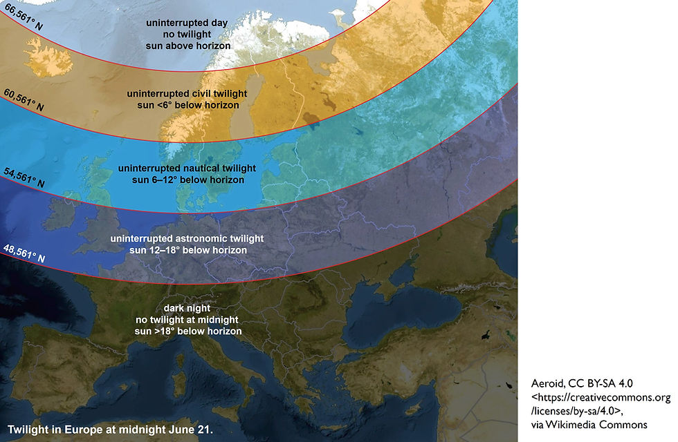 Karte von Europa mit farbigen Zonen der nächtlichen Helligkeit zur Mitternacht am 21. Juni. Markiert sind Bereiche mit dunkler Nacht, astronomischer, nautischer und bürgerlicher Dauerdämmerung sowie Regionen nördlich des Polarkreises mit durchgehendem Tageslicht. Die Karte zeigt, dass weiße Nächte nach Norden hin immer ausgeprägter werden.