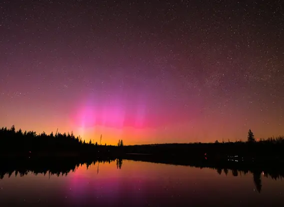 Oderteich bei Nacht, eingerahmt von Wäldern, darüber Sternenhimmel mit Polarlicht
