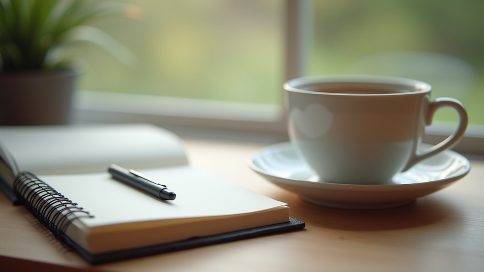Close-up of a calm workspace with a notebook and a cup of tea