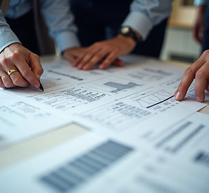 Projektbesprechung im Rahmen der Bauberatung – Analyse von Bauplänen, Kosten und Terminen.