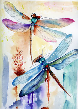 Watercolor painting of two dragonflies