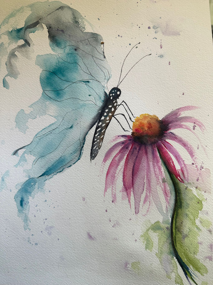 Watercolor painting: butterfly on pink flower