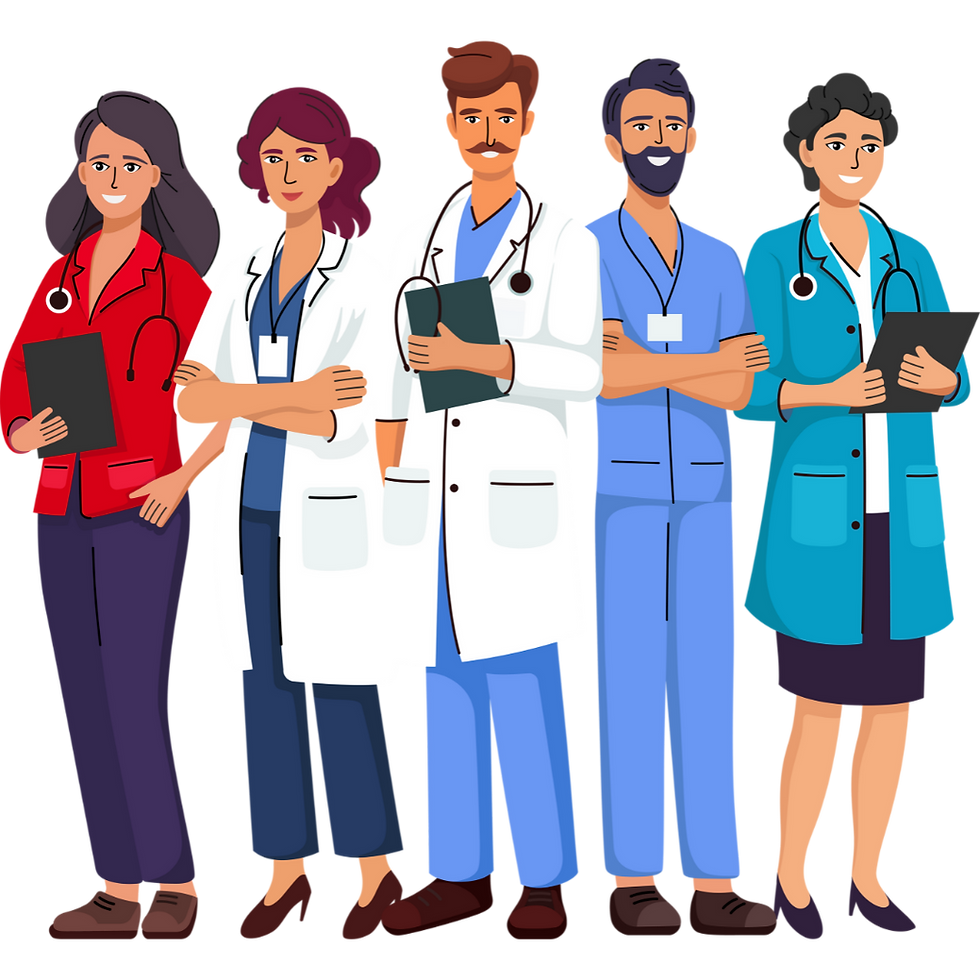 Group of medical professionals: doctors and nurses stand together as a team.