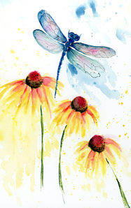Watercolor painting: Dragonfly above yellow flowers