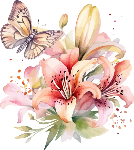 Watercolor lilies and butterfly