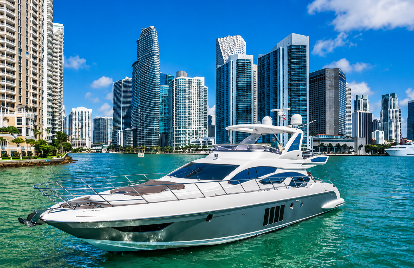 Azimut 66 yacht cruising in front of Miami skyline