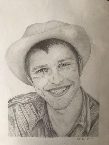 Pencil sketch of Brad Pitt wearing a hat