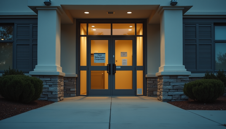 Eye-level view of a quiet abortion clinic entrance with a clear sign