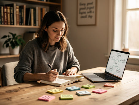 Eine Frau beginnt in einem ruhigen, minimalistischen Arbeitszimmer, ihre Buchidee in ein leeres Notizbuch zu schreiben. Vor ihr liegen bunte Klebezettel mit Notizen, ein Laptop mit einer Mindmap und einem groben Kapitelgerüst. Im Hintergrund sind Regale mit Büchern und ein Zitat ‚Jedes große Projekt beginnt mit einem kleinen Schritt‘ zu sehen. Die Szene symbolisiert den ersten Schritt vom ‚Weißen Blatt‘ zur konkreten Buchidee – mit Klarheit, Struktur und Mut.