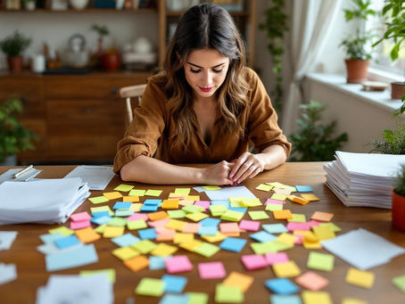 Frau sitzt am Tisch, ganz viele Post its und Stappel mit Blättern liegen auf dem Tisch. Sie sieht nachdenklich aus.