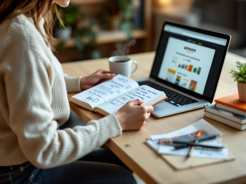 Frau plant Selfpublishing-Projekt am Laptop mit Notizbuch und Büchern im Hintergrund, Kurs ‚Grundlagen des Selbstverlags: Von der Idee zur Veröffentlichung
