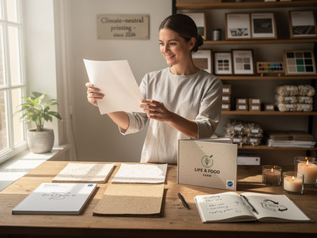 Eine Frau prüft in einem sonnendurchfluteten Arbeitszimmer ein frisch gedrucktes Buch der Life & Food Farm auf Recyclingpapier mit dem Blauen Engel-Siegel. Vor ihr liegen Musterbögen aus Frischfaser- und Recyclingpapier zum Vergleich, während im Hintergrund Regale mit nachhaltigen Druckmustern und ein Schild ‚Klimaneutral gedruckt – seit 2026‘ zu sehen sind. Die Szene symbolisiert den langen Weg der Manufaktur zu vollständiger Umweltfreundlichkeit und den Stolz auf klimaneutrale Drucklösungen.