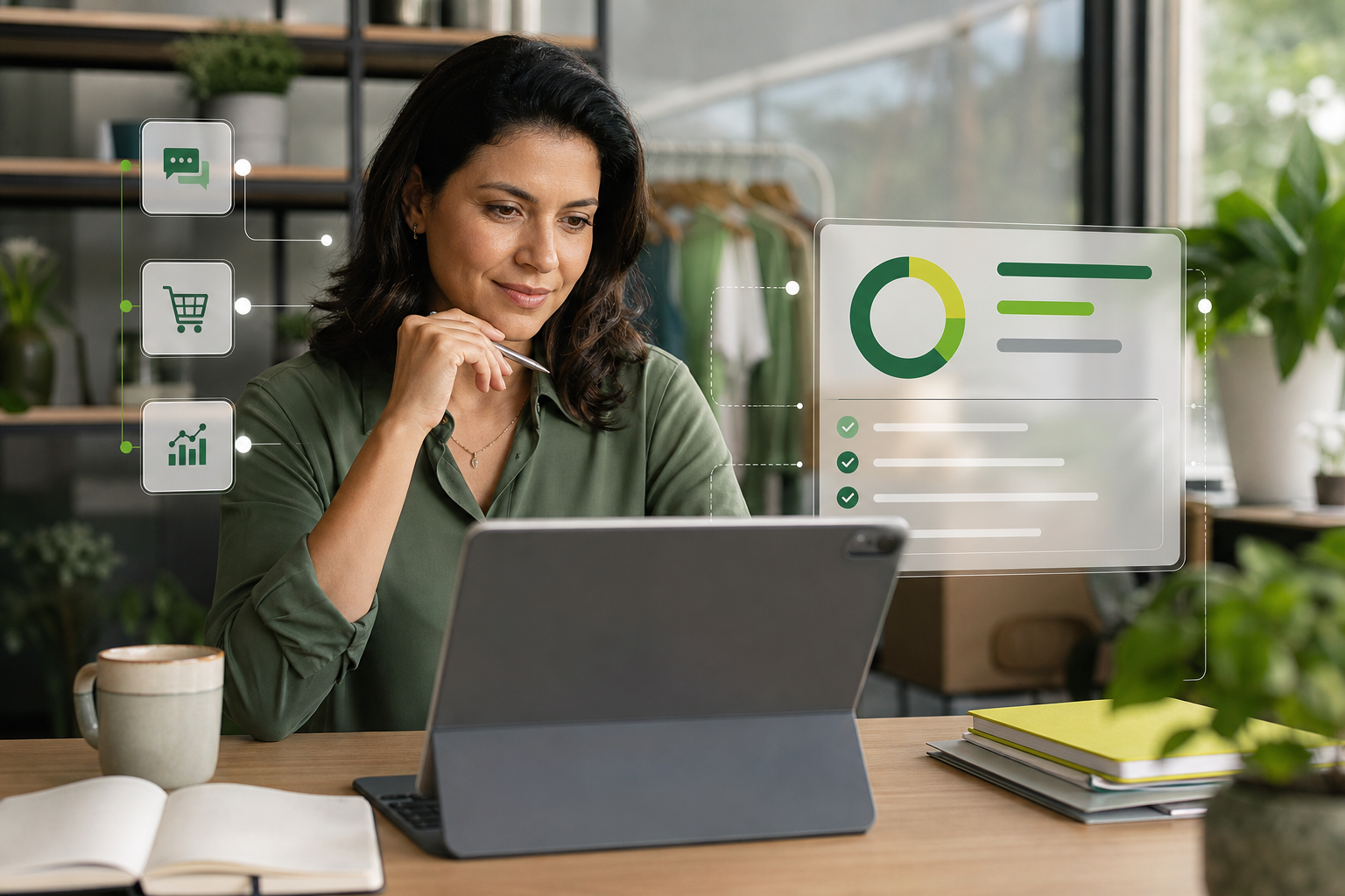 Gestora de PME analisando dados e processos com apoio de inteligência artificial aplicada.