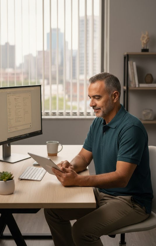Empreendedor Carlos em escritório analisando tablet com gráfico de crescimento, representando a Otimização para IA (AEO).