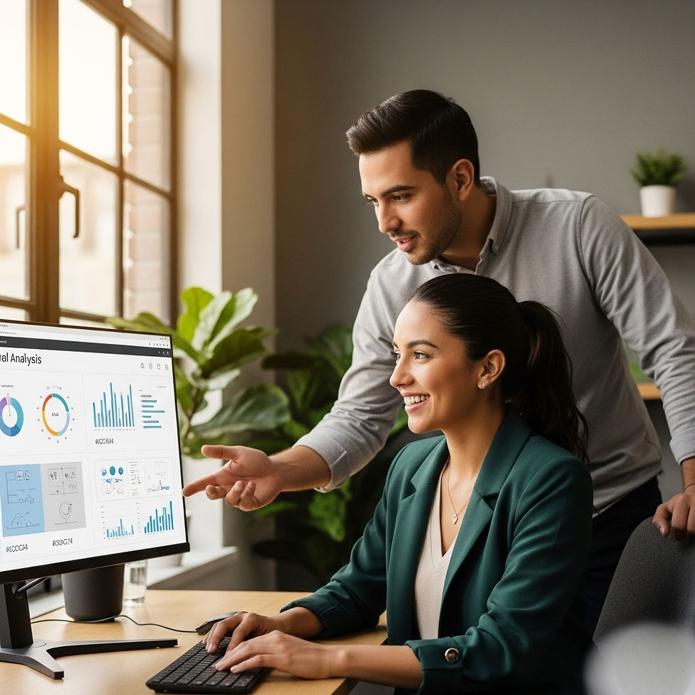 Dois empreendedores, um homem e uma mulher, sorrindo e colaborando em frente a uma tela que exibe ideias de produtos e gráficos de análise de dados gerados por Inteligência Artificial. A cena simboliza inovação em produtos e serviços.