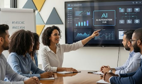 Gestora de PME discute a importância da educação em IA com a sua equipa, apontando para um gráfico de crescimento.