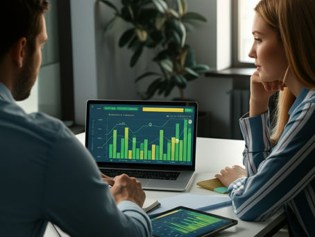 Notebook exibindo gráficos de previsão financeira e tendências de mercado, com um casal de empreendedores analisando os dados em uma mesa de escritório, simbolizando a tomada de decisão inteligente e a otimização de negócios com IA.