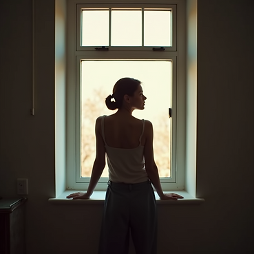 person reflection moment window contemplative pose soft natural lighting transformational