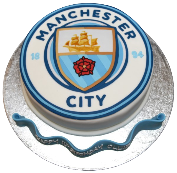 Bespoke cake featuring the Manchester City badge design for a celebration in Solihull, West Midlands.