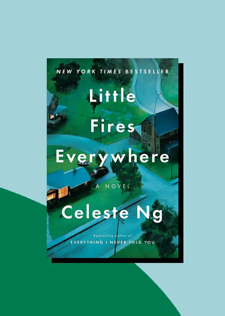 Book cover of Little Fires Everywhere by Celeste Ng. The cover features an elegant design with a close-up image of delicate, green leaves scattered across a light background. The leaves are arranged in a way that suggests movement and change, subtly hinting at themes of growth, disruption, and the natural unfolding of events. The title Little Fires Everywhere is displayed in simple, white lettering at the top. This minimalist cover evokes the quiet, yet powerful, tensions in the novel, symbolizing the underlying complexities and secrets that grow and spread like fire