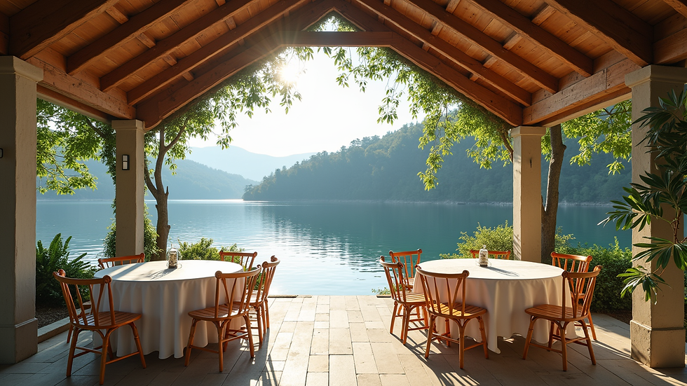Wide angle view of a decorated pavilion with tables and chairs by the lake