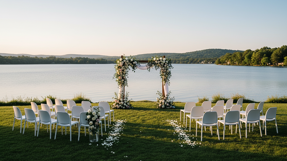 Wide angle view of a lakeside wedding ceremony setup with white chairs and floral decorations