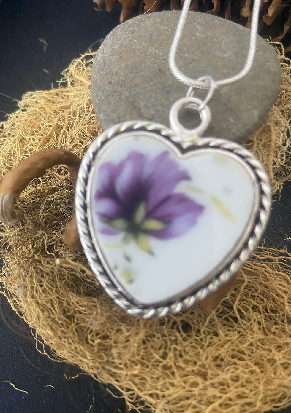 Thumbnail: Purple Pansy Necklace made from Antique bone china plate