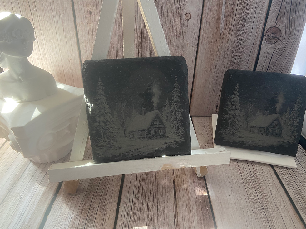 Thumbnail: Set of 4 - Snowy Cabin Slate Coasters