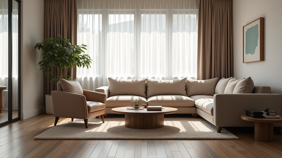 Close-up view of a modern compact living room with multi-functional furniture